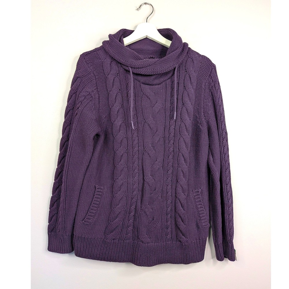 LL Bean Sweater Women's L Purple Cable Knit Cowl Neck Pockets Coastal Capsule